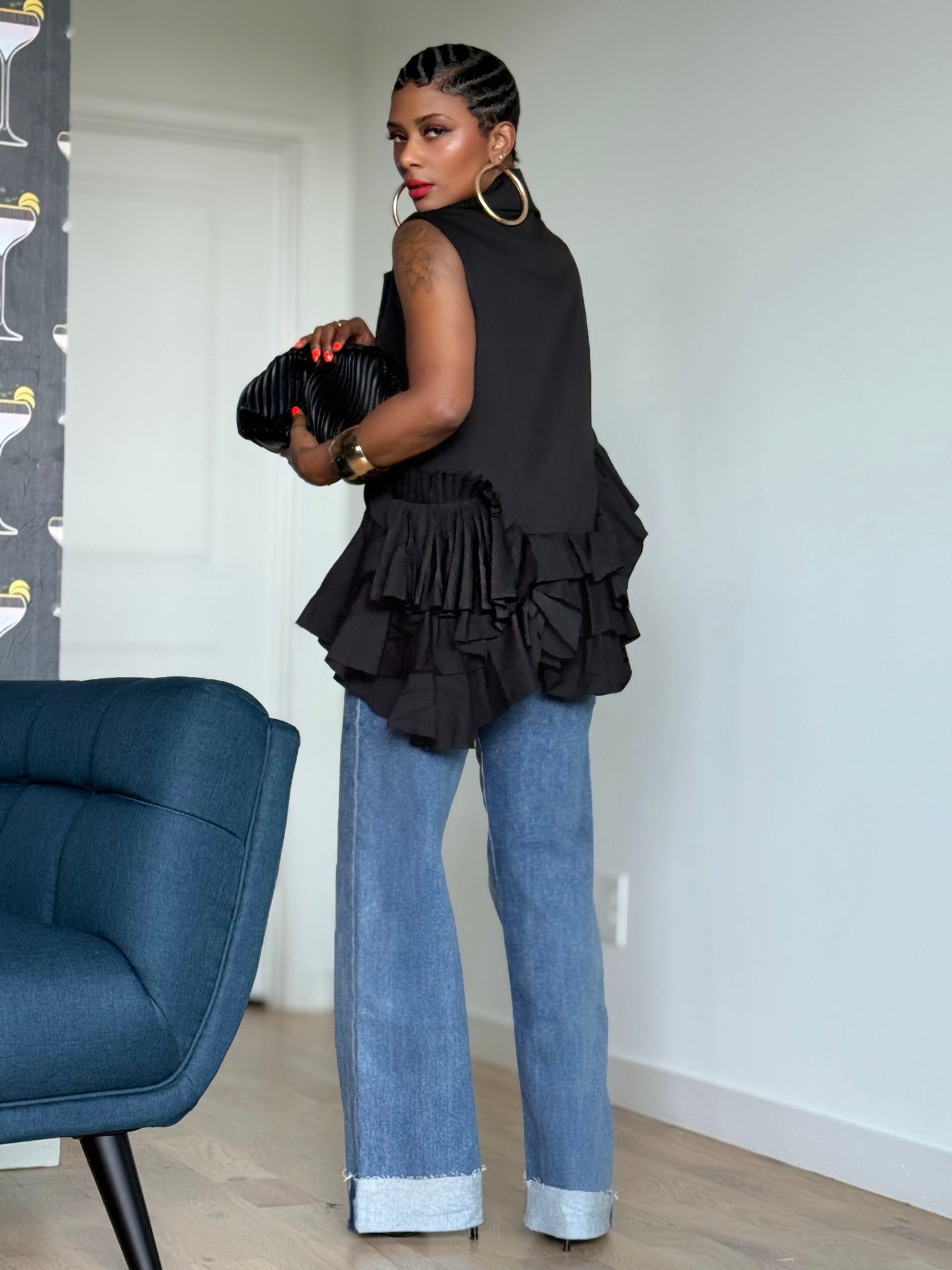 YAS EDIT Juliet Black Ruffle Blazer (One size up to 14)