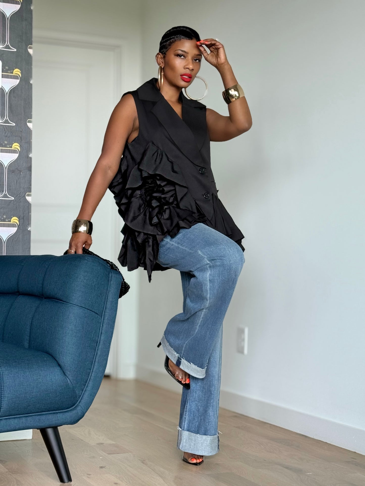 YAS EDIT Juliet Black Ruffle Blazer (One size up to 14)