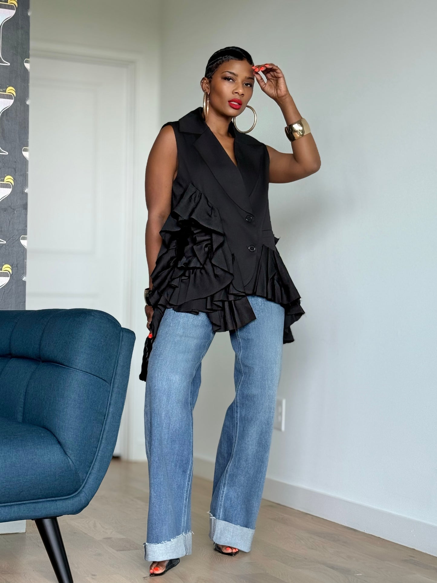 YAS EDIT Juliet Black Ruffle Blazer (One size up to 14)