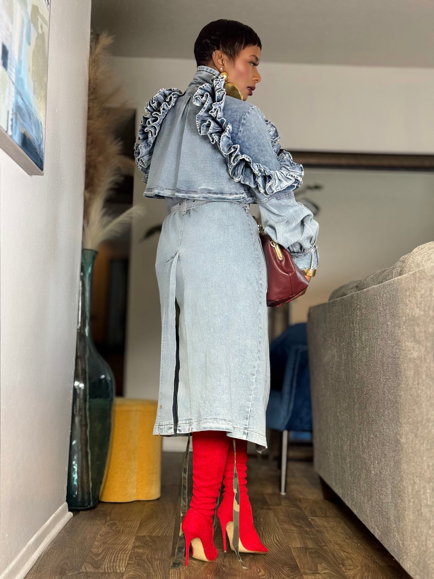 YAS EDIT Lucena Denim Ruffle Trench