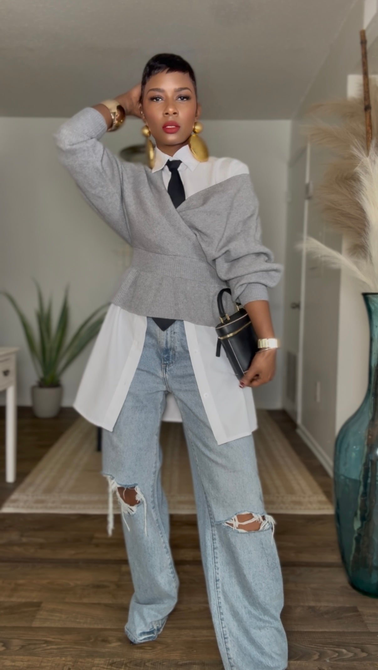 YAS EDIT Sydney Grey Peplum Sweater (Available in 2X)