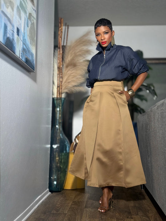 YAS EDIT Harlow Khaki Pleated Skirt (Available in XL)