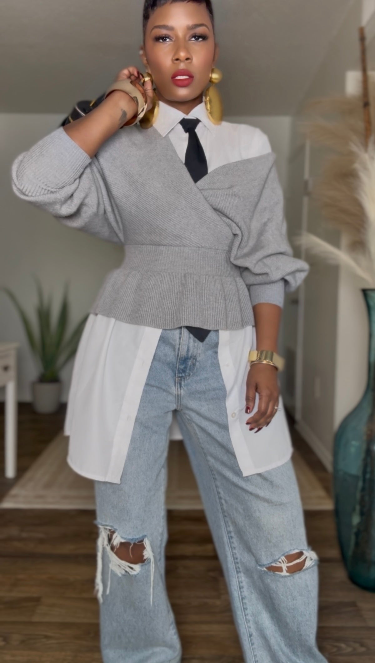 YAS EDIT Sydney Grey Peplum Sweater (Available in 2X)