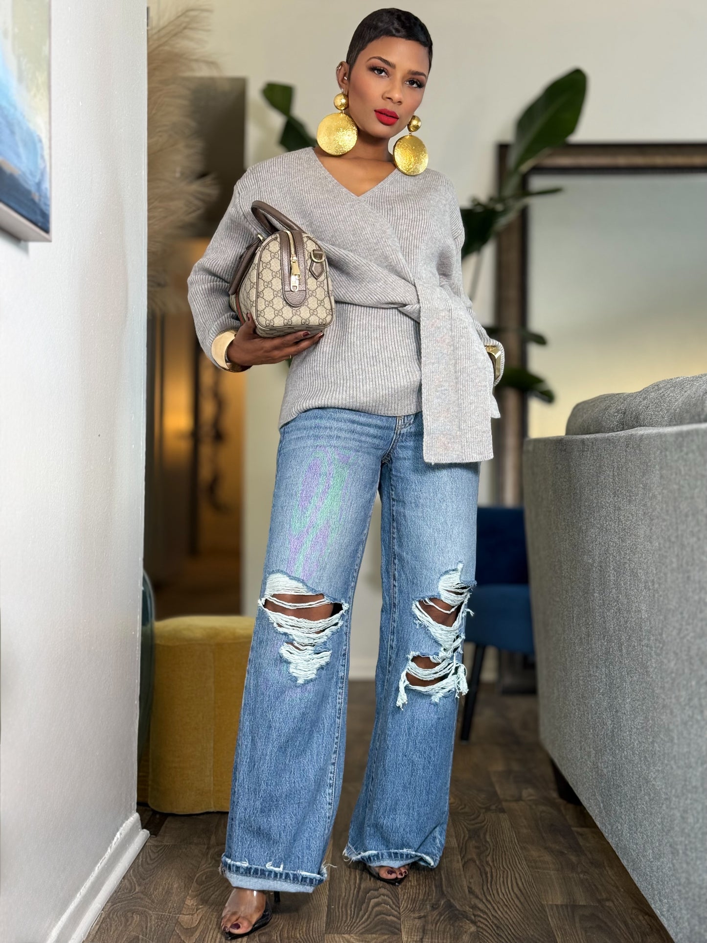 Delmas Grey Tie Sweater (One size up to 12)