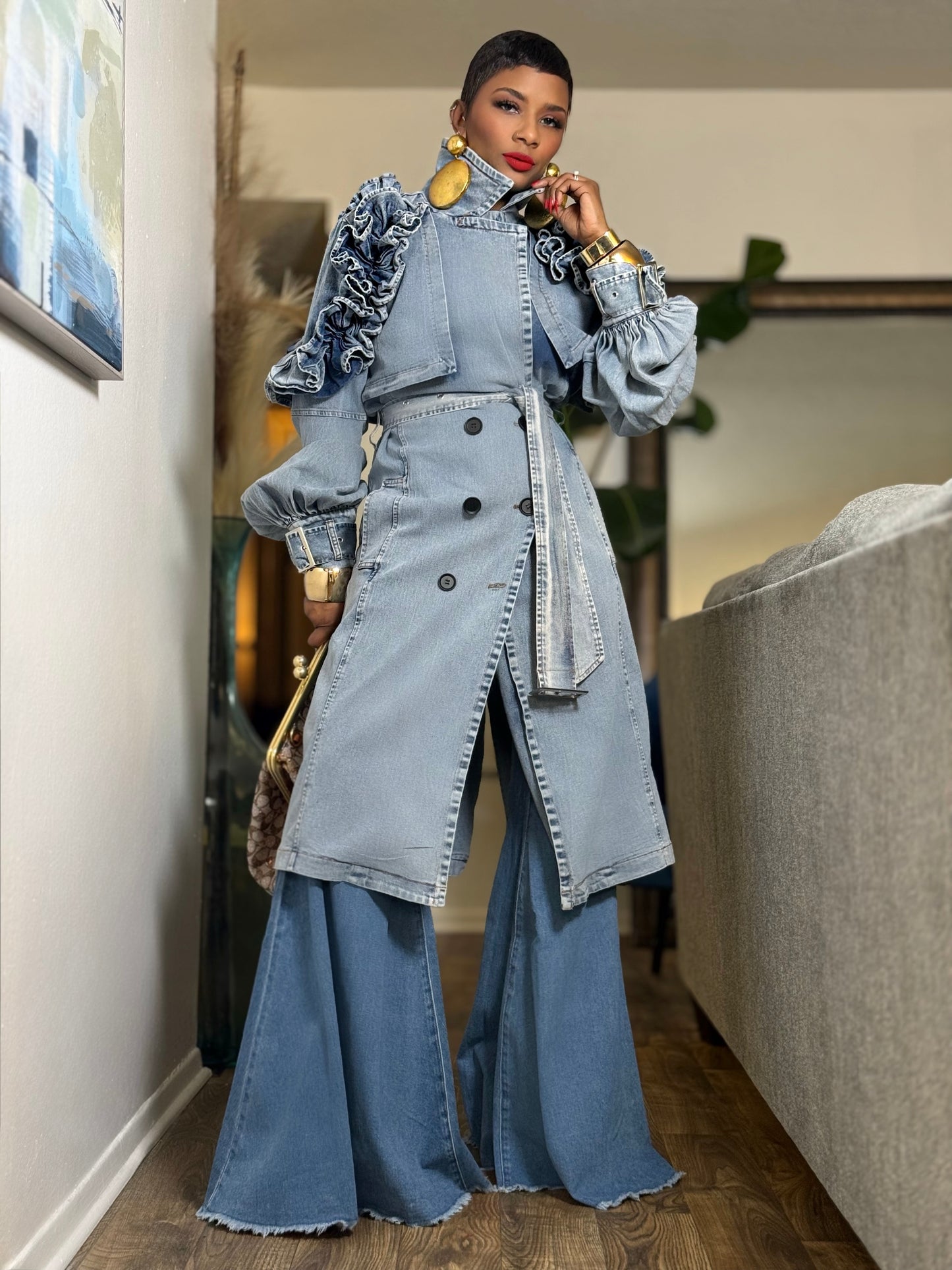 YAS EDIT Lucena Denim Ruffle Trench