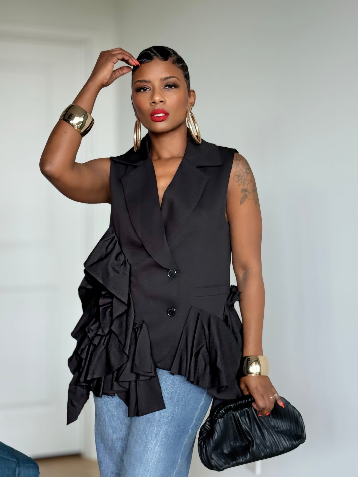 YAS EDIT Juliet Black Ruffle Blazer (One size up to 14)