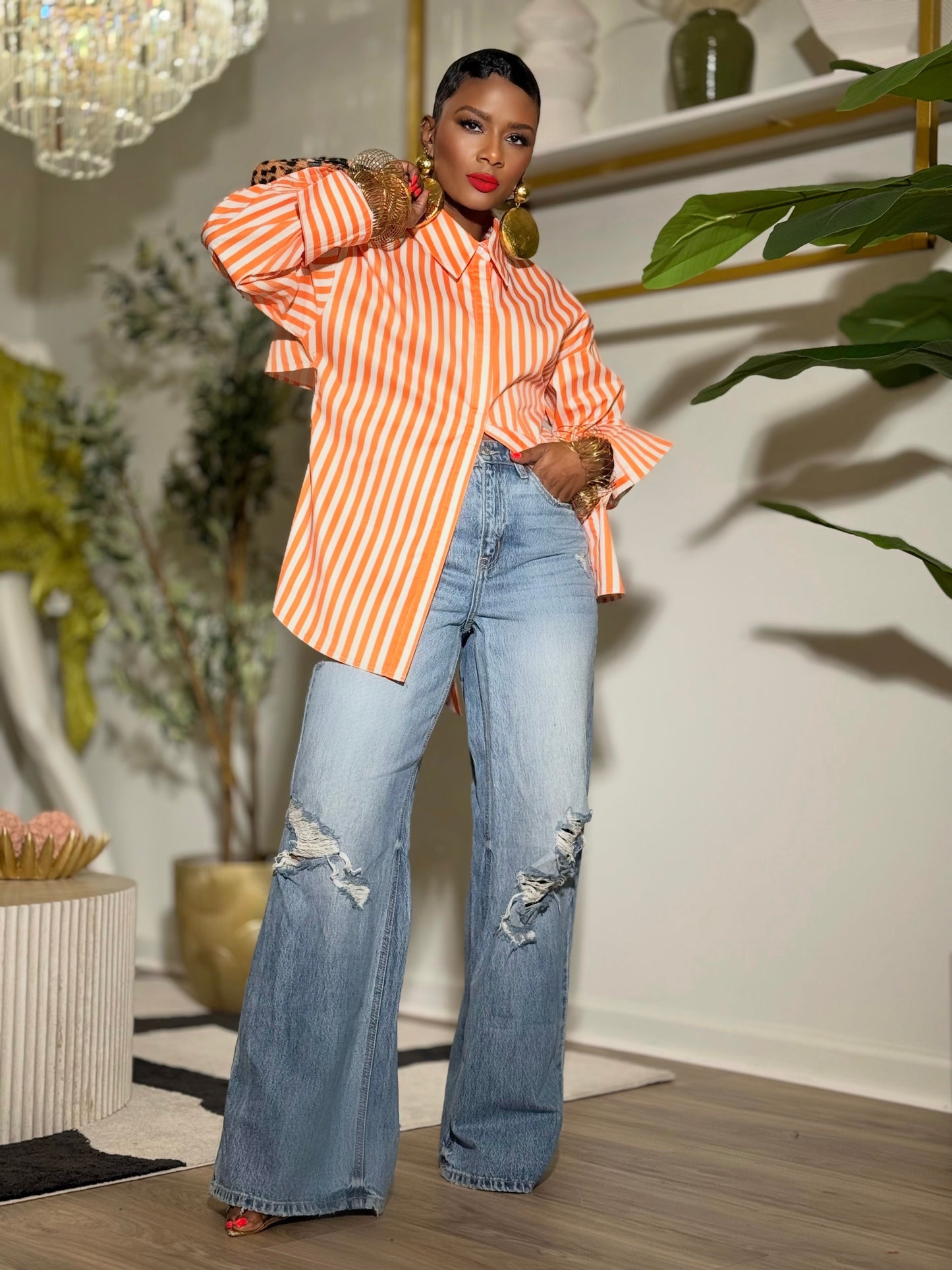 YAS EDIT Sungold & Ecru Stripe Top