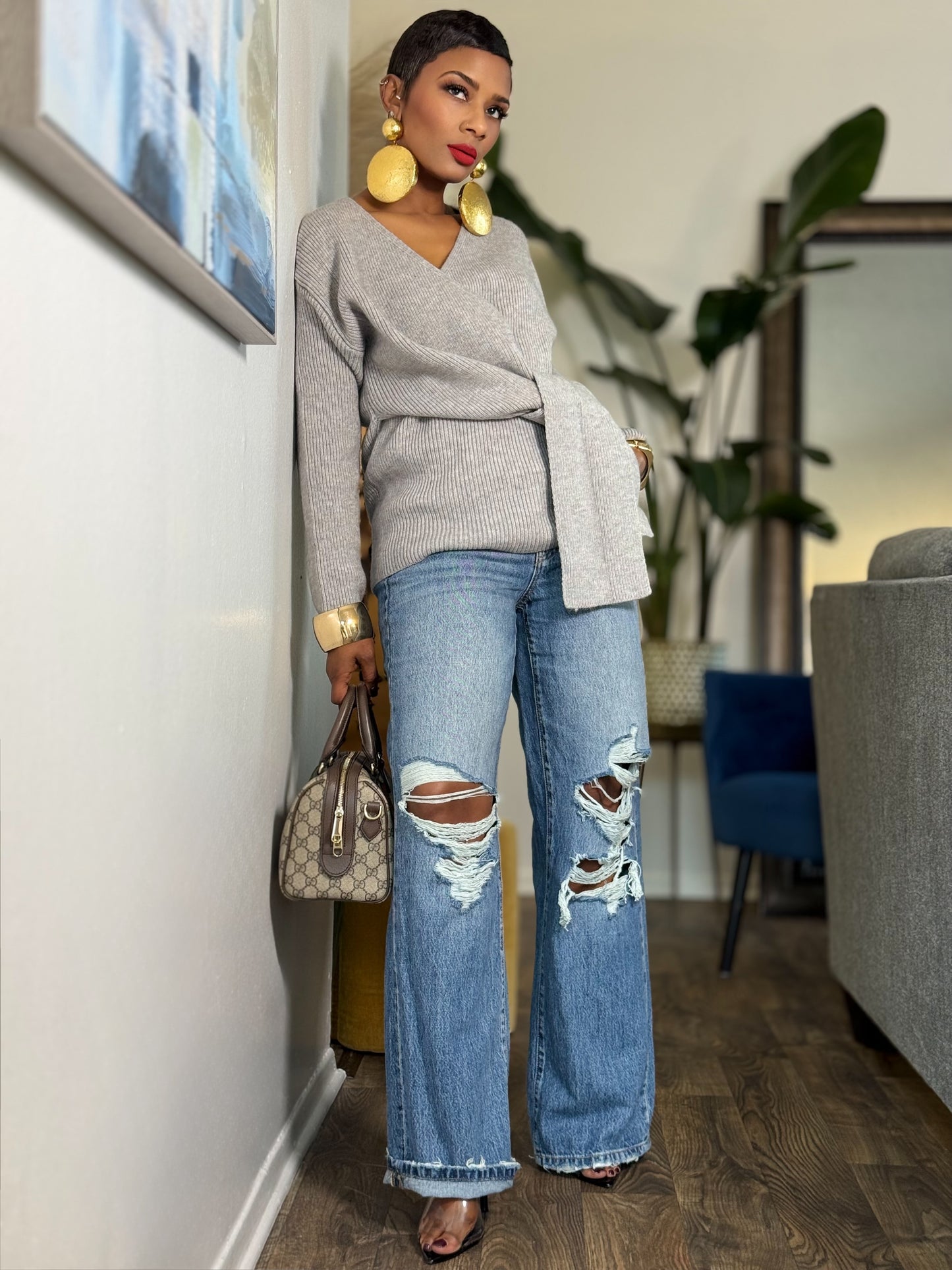 Delmas Grey Tie Sweater (One size up to 12)