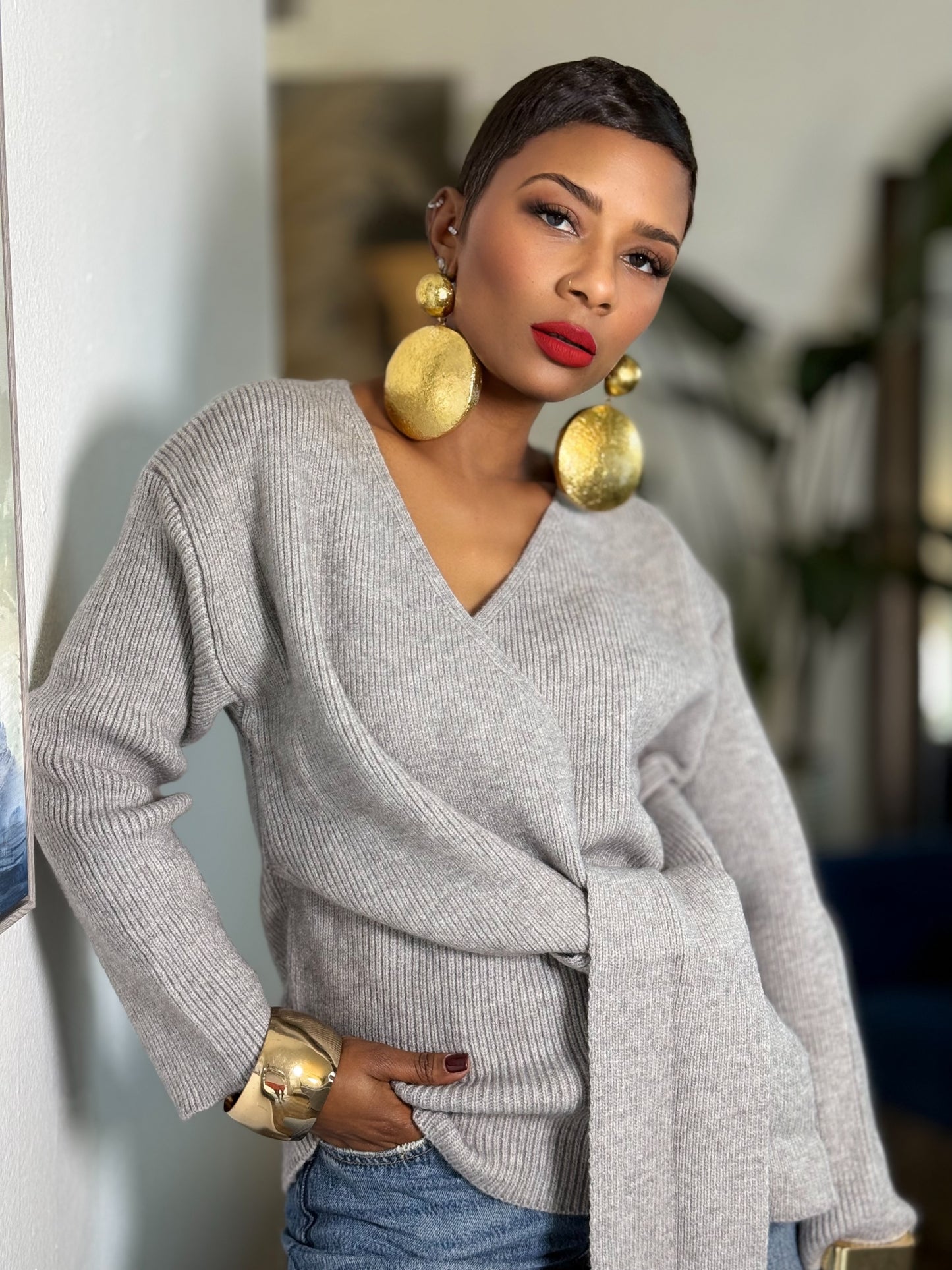 Delmas Grey Tie Sweater (One size up to 12)