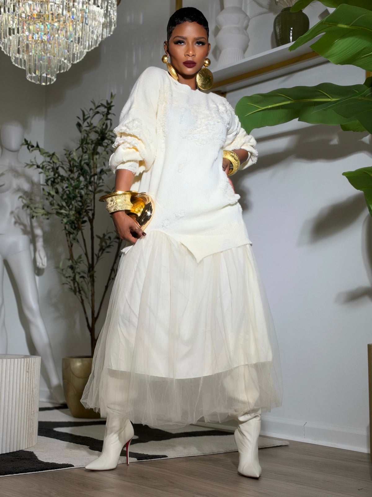 YAS EDIT Ivory Reverie Tulle Sweater Dress (One size up to 14/16)