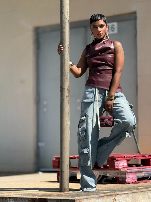 Reign Wine Vegan Leather Top (Available in XL)