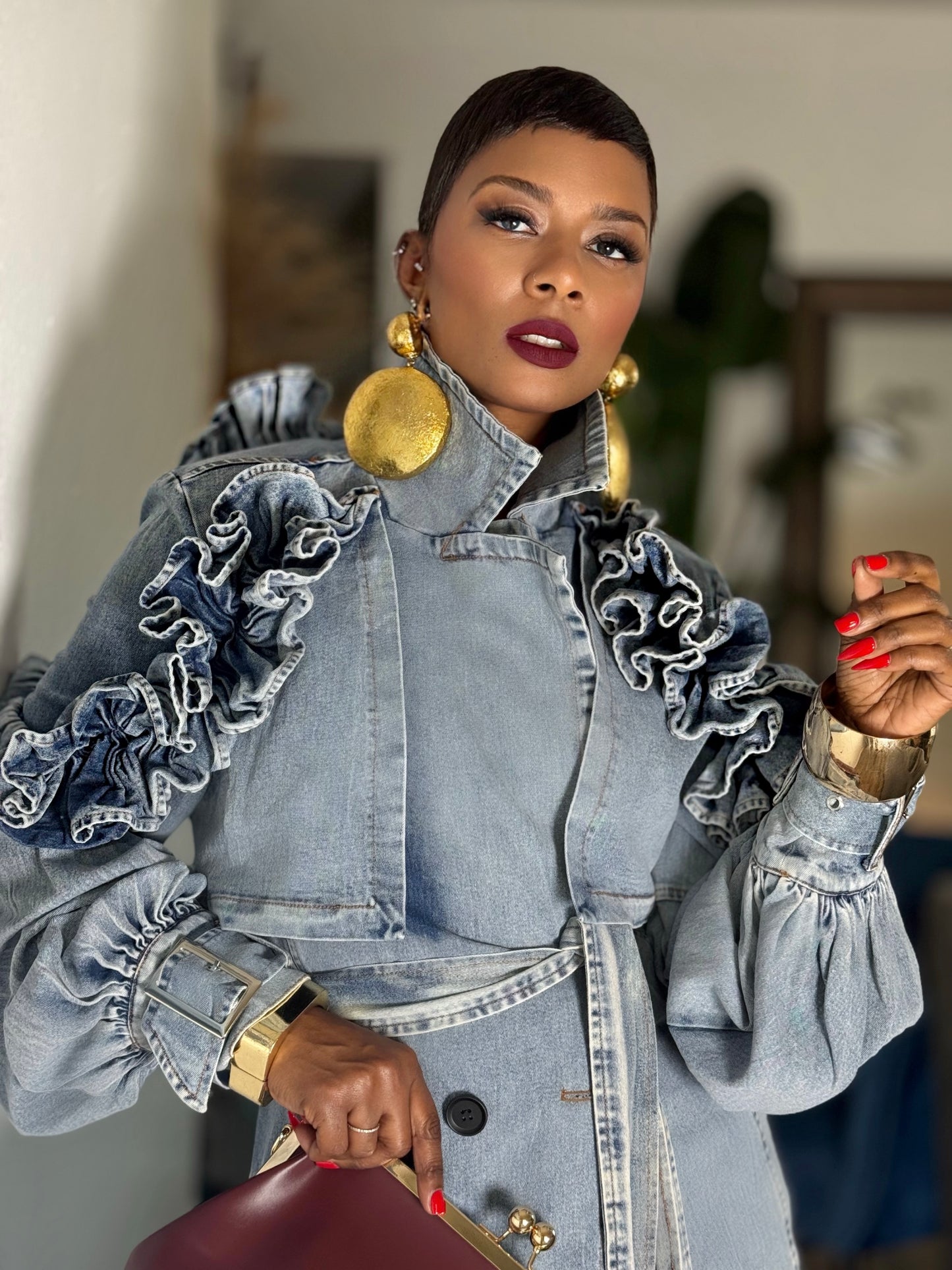 YAS EDIT Lucena Denim Ruffle Trench