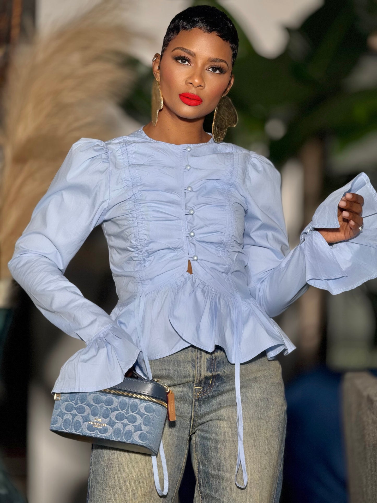 Ravenna Blue Ruffled Top (Available in 2X)